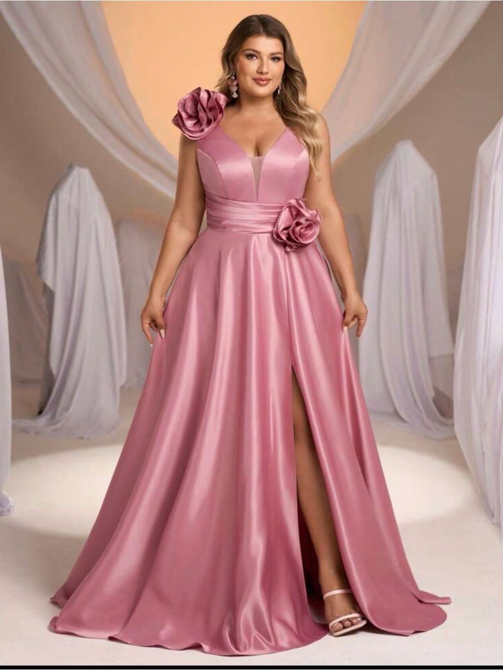 NWOT Size 2X Dusty Rose Evening Gown with Floral Accents (Fits like a 16!)